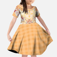 Hawaii Peach Palaka Family Matching Off The Shoulder Long Sleeve Dress and Hawaiian Shirt With Tapa Pattern Tropical Flowers - Polynesian Pride