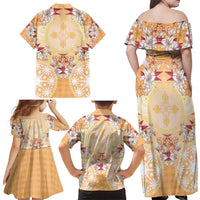 Hawaii Peach Palaka Family Matching Off Shoulder Maxi Dress and Hawaiian Shirt With Tapa Pattern Tropical Flowers LT05 - Polynesian Pride