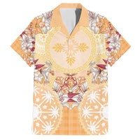 Hawaii Peach Palaka Family Matching Off Shoulder Short Dress and Hawaiian Shirt With Tapa Pattern Tropical Flowers LT05 Dad's Shirt - Short Sleeve Peach - Polynesian Pride