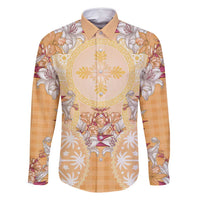 Hawaii Peach Palaka Family Matching Off Shoulder Short Dress and Hawaiian Shirt With Tapa Pattern Tropical Flowers LT05 Dad's Shirt - Long Sleeve Peach - Polynesian Pride