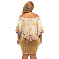 Hawaii Peach Palaka Family Matching Off Shoulder Short Dress and Hawaiian Shirt With Tapa Pattern Tropical Flowers LT05 - Polynesian Pride