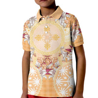 Hawaii Peach Palaka Kid Polo Shirt With Tapa Pattern Tropical Flowers - Polynesian Pride
