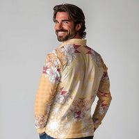 Hawaii Peach Palaka Long Sleeve Polo Shirt With Tapa Pattern Tropical Flowers - Polynesian Pride