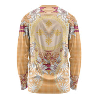 Hawaii Peach Palaka Long Sleeve Shirt With Tapa Pattern Tropical Flowers - Polynesian Pride