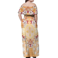 Hawaii Peach Palaka Off Shoulder Maxi Dress With Tapa Pattern Tropical Flowers - Polynesian Pride