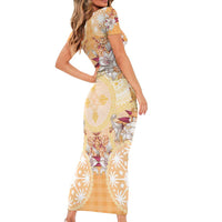 Hawaii Peach Palaka Short Sleeve Bodycon Dress With Tapa Pattern Tropical Flowers - Polynesian Pride