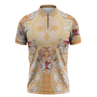 Hawaii Peach Palaka Zipper Polo Shirt With Tapa Pattern Tropical Flowers - Polynesian Pride