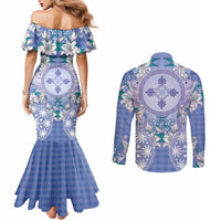 Hawaii Violet Palaka Couples Matching Mermaid Dress and Long Sleeve Button Shirt With Tapa Pattern Tropical Flowers - Polynesian Pride