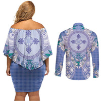 Hawaii Violet Palaka Couples Matching Off Shoulder Short Dress and Long Sleeve Button Shirt With Tapa Pattern Tropical Flowers - Polynesian Pride