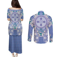 Hawaii Violet Palaka Couples Matching Puletasi and Long Sleeve Button Shirt With Tapa Pattern Tropical Flowers - Polynesian Pride