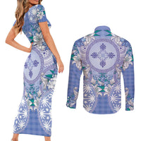 Hawaii Violet Palaka Couples Matching Short Sleeve Bodycon Dress and Long Sleeve Button Shirt With Tapa Pattern Tropical Flowers - Polynesian Pride