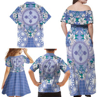 Hawaii Violet Palaka Family Matching Off Shoulder Maxi Dress and Hawaiian Shirt With Tapa Pattern Tropical Flowers LT05 - Polynesian Pride