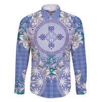 Hawaii Violet Palaka Family Matching Off Shoulder Maxi Dress and Hawaiian Shirt With Tapa Pattern Tropical Flowers LT05 Dad's Shirt - Long Sleeve Violet - Polynesian Pride