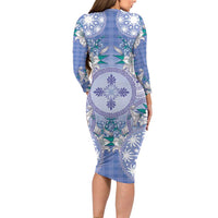 Hawaii Violet Palaka Long Sleeve Bodycon Dress With Tapa Pattern Tropical Flowers - Polynesian Pride