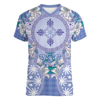 Hawaii Violet Palaka Women V-Neck T-Shirt With Tapa Pattern Tropical Flowers - Polynesian Pride