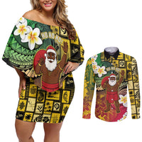 Vanuatu Christmas Couples Matching Off Shoulder Short Dress and Long Sleeve Button Shirt Ni-Van Santa Retro Style LT05 Colorful - Polynesian Pride