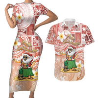 Hawaii Mele Kalikimaka Couples Matching Short Sleeve Bodycon Dress and Hawaiian Shirt Hula Santa Retro Style Red - Polynesian Pride