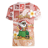 Hawaii Mele Kalikimaka Women V-Neck T-Shirt Hula Santa Retro Style Red - Polynesian Pride
