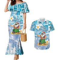 Hawaii Mele Kalikimaka Couples Matching Mermaid Dress and Hawaiian Shirt Hula Santa Retro Style Blue LT05 Blue - Polynesian Pride