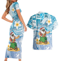 Hawaii Mele Kalikimaka Couples Matching Short Sleeve Bodycon Dress and Hawaiian Shirt Hula Santa Retro Style Blue LT05 - Polynesian Pride