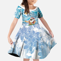 Hawaii Mele Kalikimaka Family Matching Short Sleeve Bodycon Dress and Hawaiian Shirt Hula Santa Retro Style Blue LT05 Daughter's Dress Blue - Polynesian Pride