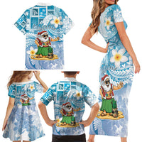 Hawaii Mele Kalikimaka Family Matching Short Sleeve Bodycon Dress and Hawaiian Shirt Hula Santa Retro Style Blue LT05 - Polynesian Pride