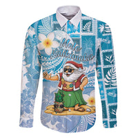 Hawaii Mele Kalikimaka Family Matching Short Sleeve Bodycon Dress and Hawaiian Shirt Hula Santa Retro Style Blue LT05 Dad's Shirt - Long Sleeve Blue - Polynesian Pride
