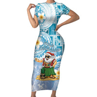 Hawaii Mele Kalikimaka Family Matching Short Sleeve Bodycon Dress and Hawaiian Shirt Hula Santa Retro Style Blue LT05 Mom's Dress Blue - Polynesian Pride