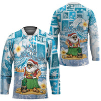 Hawaii Mele Kalikimaka Hockey Jersey Hula Santa Retro Style Blue - Polynesian Pride