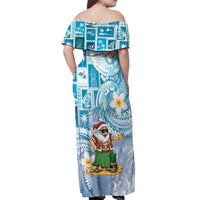 Hawaii Mele Kalikimaka Off Shoulder Maxi Dress Hula Santa Retro Style Blue - Polynesian Pride