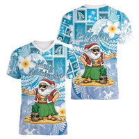 Hawaii Mele Kalikimaka Women V-Neck T-Shirt Hula Santa Retro Style Blue - Polynesian Pride