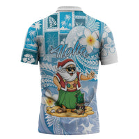 Hawaii Mele Kalikimaka Zipper Polo Shirt Hula Santa Retro Style Blue - Polynesian Pride