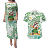 Hawaii Mele Kalikimaka Couples Matching Puletasi and Hawaiian Shirt Hula Santa Retro Style Green LT05 Green - Polynesian Pride
