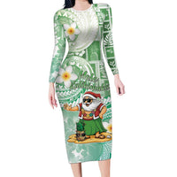 Hawaii Mele Kalikimaka Family Matching Long Sleeve Bodycon Dress and Hawaiian Shirt Hula Santa Retro Style Green - Polynesian Pride