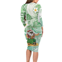 Hawaii Mele Kalikimaka Family Matching Long Sleeve Bodycon Dress and Hawaiian Shirt Hula Santa Retro Style Green - Polynesian Pride