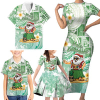 Hawaii Mele Kalikimaka Family Matching Short Sleeve Bodycon Dress and Hawaiian Shirt Hula Santa Retro Style Green - Polynesian Pride