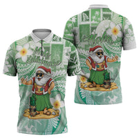 Hawaii Mele Kalikimaka Zipper Polo Shirt Hula Santa Retro Style Green - Polynesian Pride