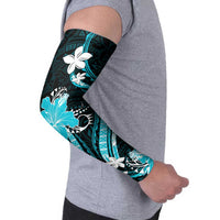 Aqua Polynesian Pattern With Tropical Flowers Arm Sleeves - Polynesian Pride