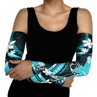 Aqua Polynesian Pattern With Tropical Flowers Arm Sleeves - Polynesian Pride