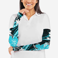 Aqua Polynesian Pattern With Tropical Flowers Arm Sleeves - Polynesian Pride