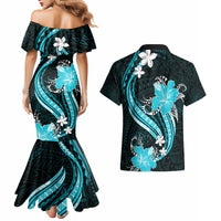 Aqua Polynesian Pattern With Tropical Flowers Couples Matching Mermaid Dress and Hawaiian Shirt LT05 - Polynesian Pride