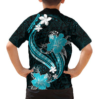 Aqua Polynesian Pattern With Tropical Flowers Family Matching Long Sleeve Bodycon Dress and Hawaiian Shirt LT05 - Polynesian Pride
