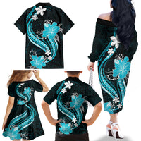 Aqua Polynesian Pattern With Tropical Flowers Family Matching Off Shoulder Long Sleeve Dress and Hawaiian Shirt LT05 - Polynesian Pride