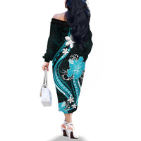 Aqua Polynesian Pattern With Tropical Flowers Family Matching Off Shoulder Long Sleeve Dress and Hawaiian Shirt LT05 - Polynesian Pride