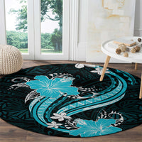 Aqua Polynesian Pattern With Tropical Flowers Round Carpet LT05 - Polynesian Pride