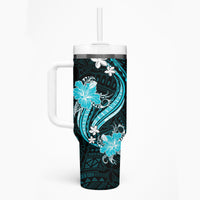 Aqua Polynesian Pattern With Tropical Flowers Tumbler With Handle