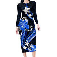 Blue Polynesian Pattern With Tropical Flowers Long Sleeve Bodycon Dress LT05 Long Dress Blue - Polynesian Pride