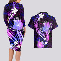 Galaxy Polynesian Pattern With Tropical Flowers Couples Matching Long Sleeve Bodycon Dress and Hawaiian Shirt LT05 - Polynesian Pride
