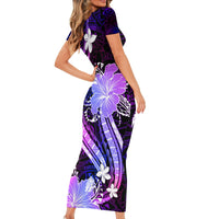 Galaxy Polynesian Pattern With Tropical Flowers Short Sleeve Bodycon Dress LT05 - Polynesian Pride