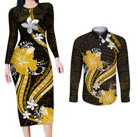 Gold Polynesian Pattern With Tropical Flowers Couples Matching Long Sleeve Bodycon Dress and Long Sleeve Button Shirt LT05 Gold - Polynesian Pride